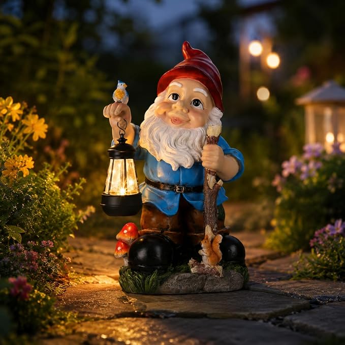 Large Solar Garden Gnome Statue with Lantern 17.3 inch Hand-Painted